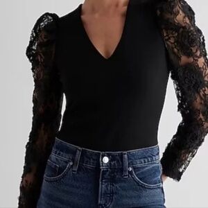 Express FLORAL LACE SLEEVE THONG BODYSUIT